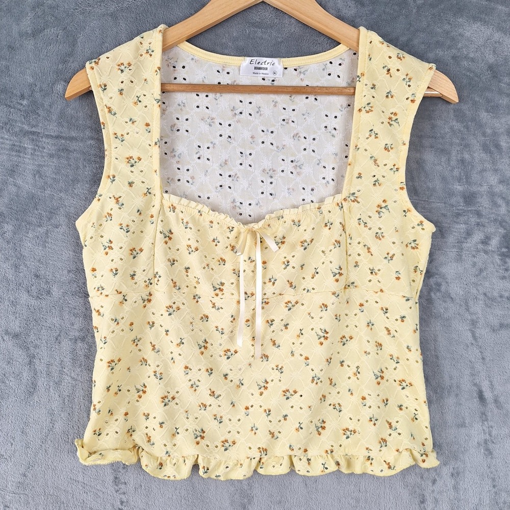 Womens Top XL Yellow‎ Milkmaid Boho Cottagecore Embroidered Floral Crop Eyelet